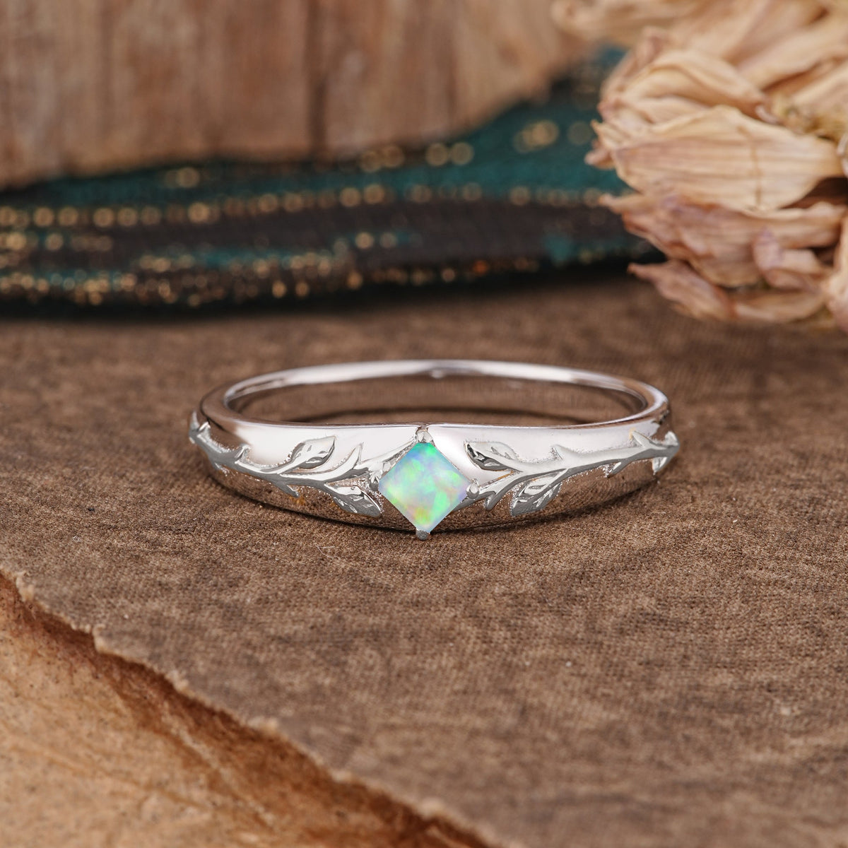 Unique 4 Prong Men's Opal Wedding Ring with Vine Design