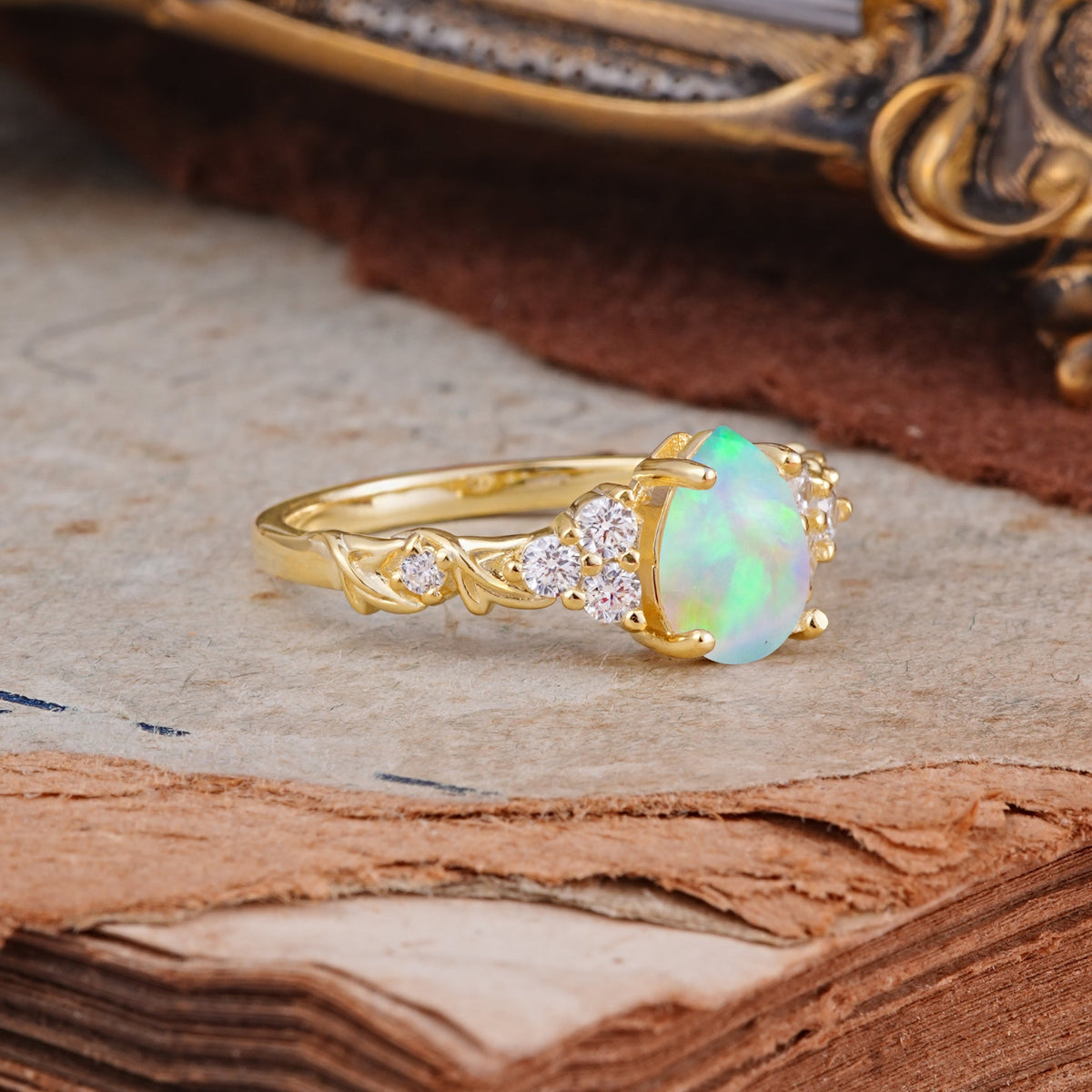 Nature-Inspired Vintage 4-Prong Pear Cut Opal Engagement Ring