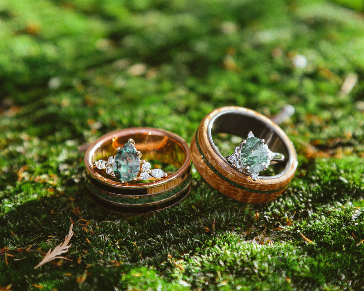 "Zella" - Oval Cut Moss Agate Engagement Ring With Diamond Accents