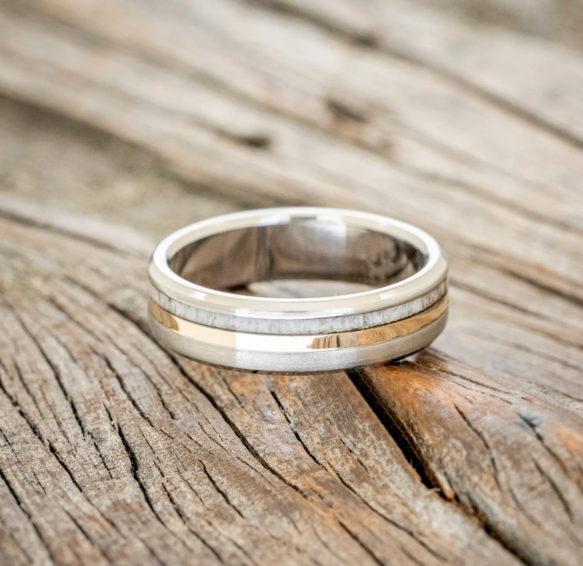 "Tanner" - Elk Antler & 14K Yellow Gold Inlay Wedding Band - Titanium (6mm) - Size 10 3/4