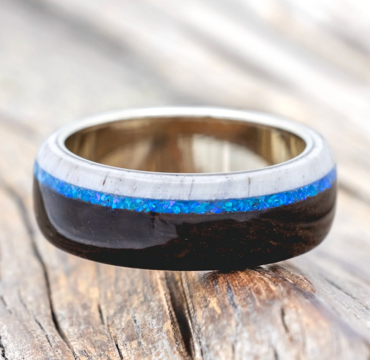 "Argos" - Ironwood, Antler & Blue Opal Wedding Band - 14K White Gold - Size 9