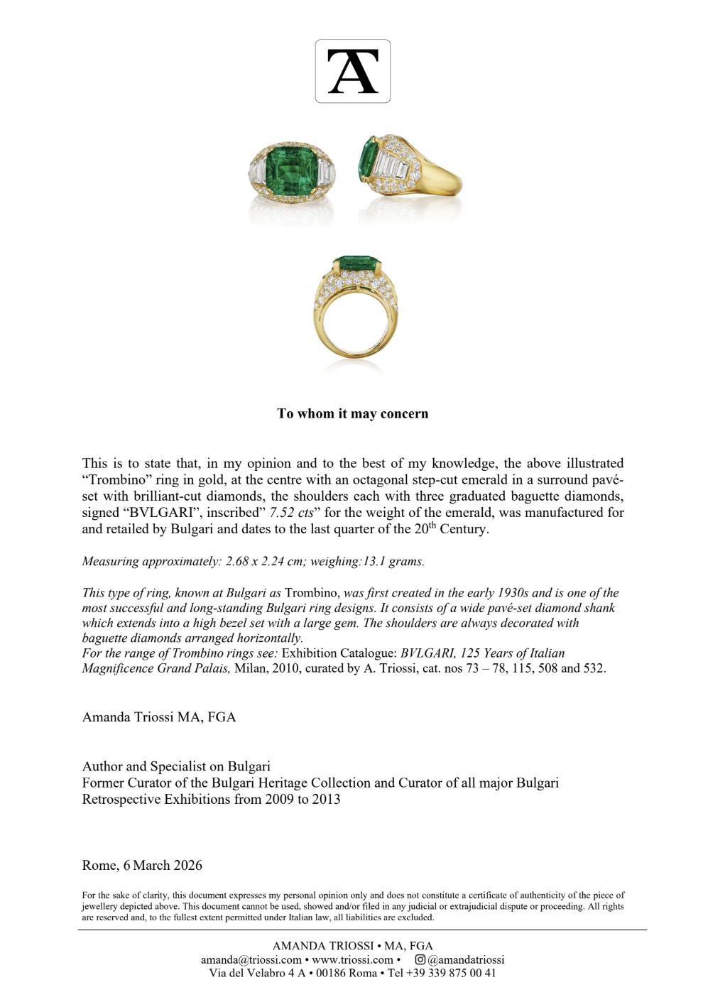 Bulgari "Trombino" Colombian Emerald Ring