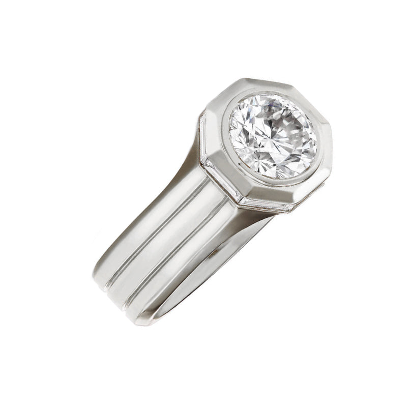 Solitaire Bezel Set Round Moissanite Three Shank Engagement Ring