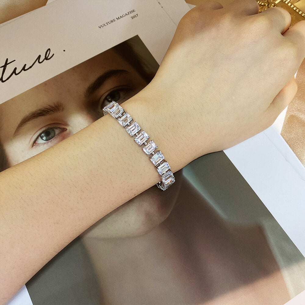 Solitaire Emerald-Cut Lab-Sapphire Sterling Silver Tennis Bracelet