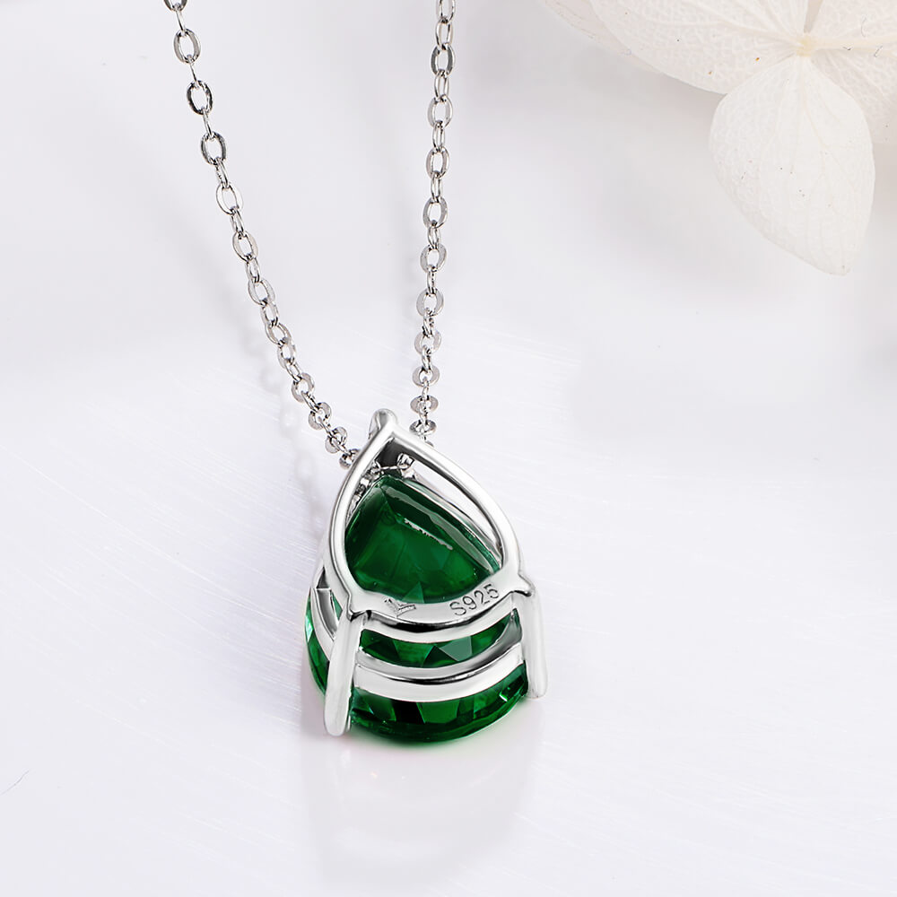 Solitaire Pear Lab-Created Emerald Sterling Silver Necklace