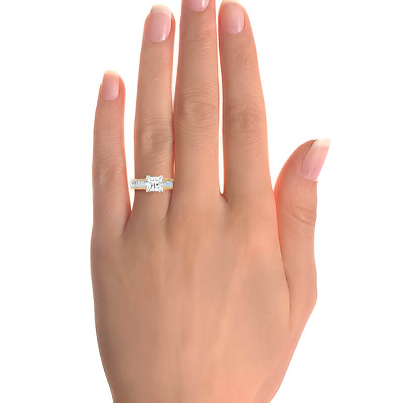 Solitaire Princess Moissanite Swirling Scroll Two Tone Engagement Ring