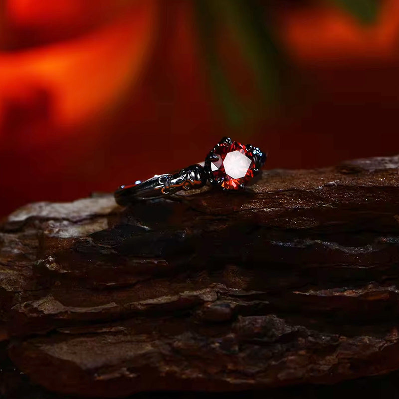 Solitaire Red Moissanite Skull Accents Ring In Black Sterling Silver