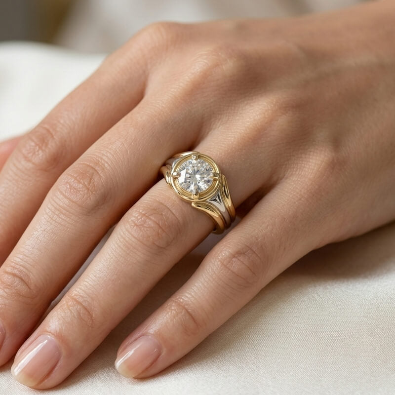 Solitaire Round Moissanite Streamlined Two-Tone Engagement Ring