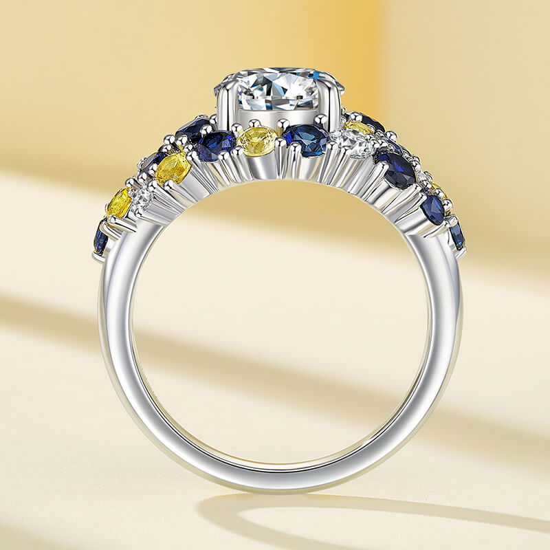 "Starry Night" Moissanite Blue & Yellow Sapphire Cluster Engagement Ring