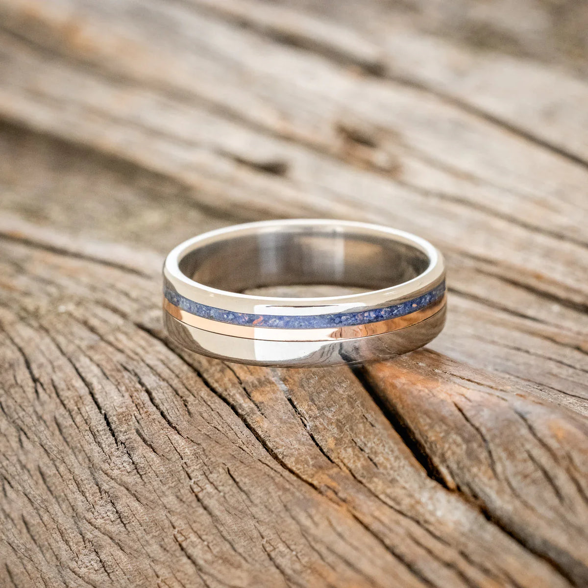 "Castor" - Lapis Lazuli & A 14K Rose Gold Inlay Wedding Ring - Titanium (6mm) - Size 8 1/2