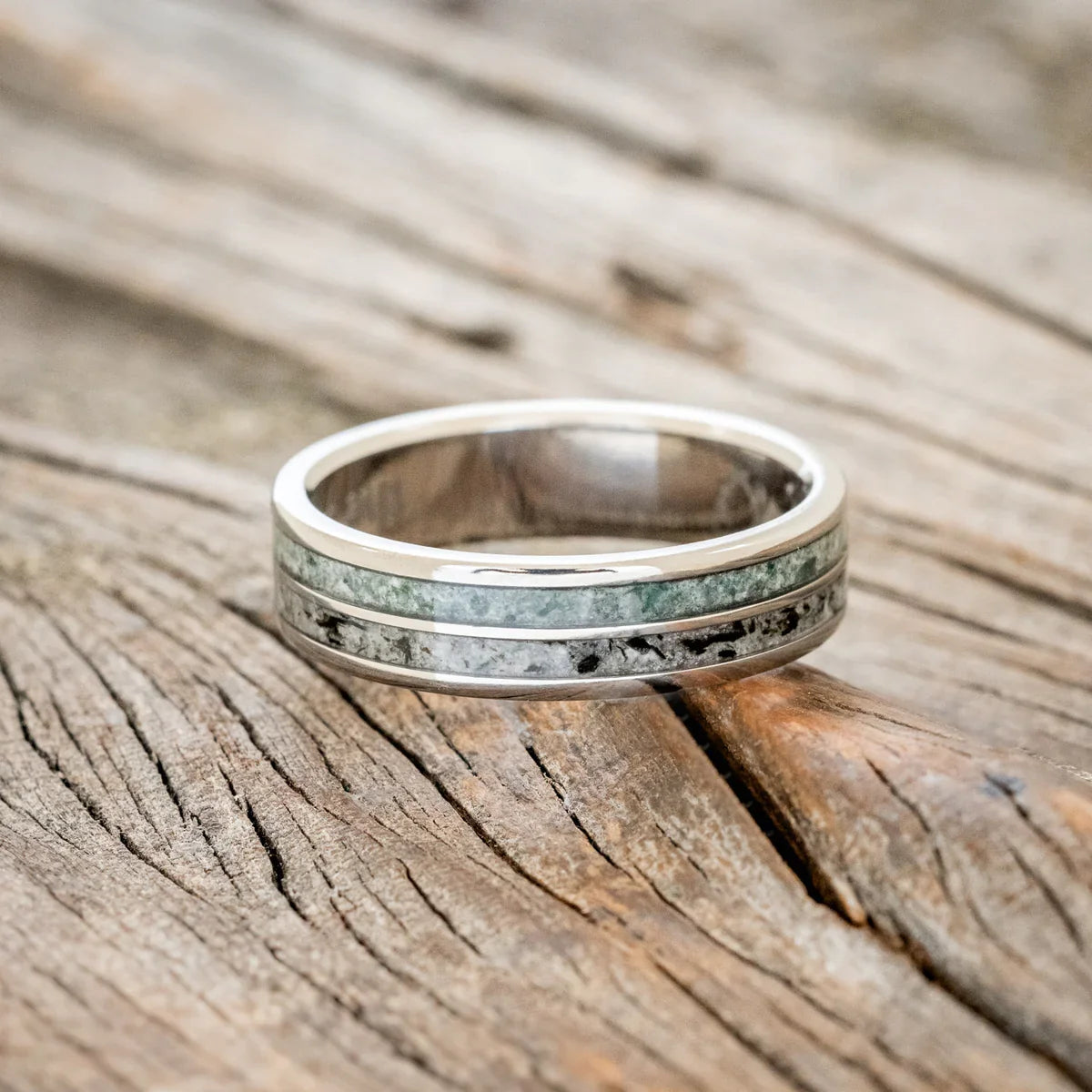 "Dyad" - Moss Agate & Moonstone Wedding Band - Titanium (6mm) - Size 8