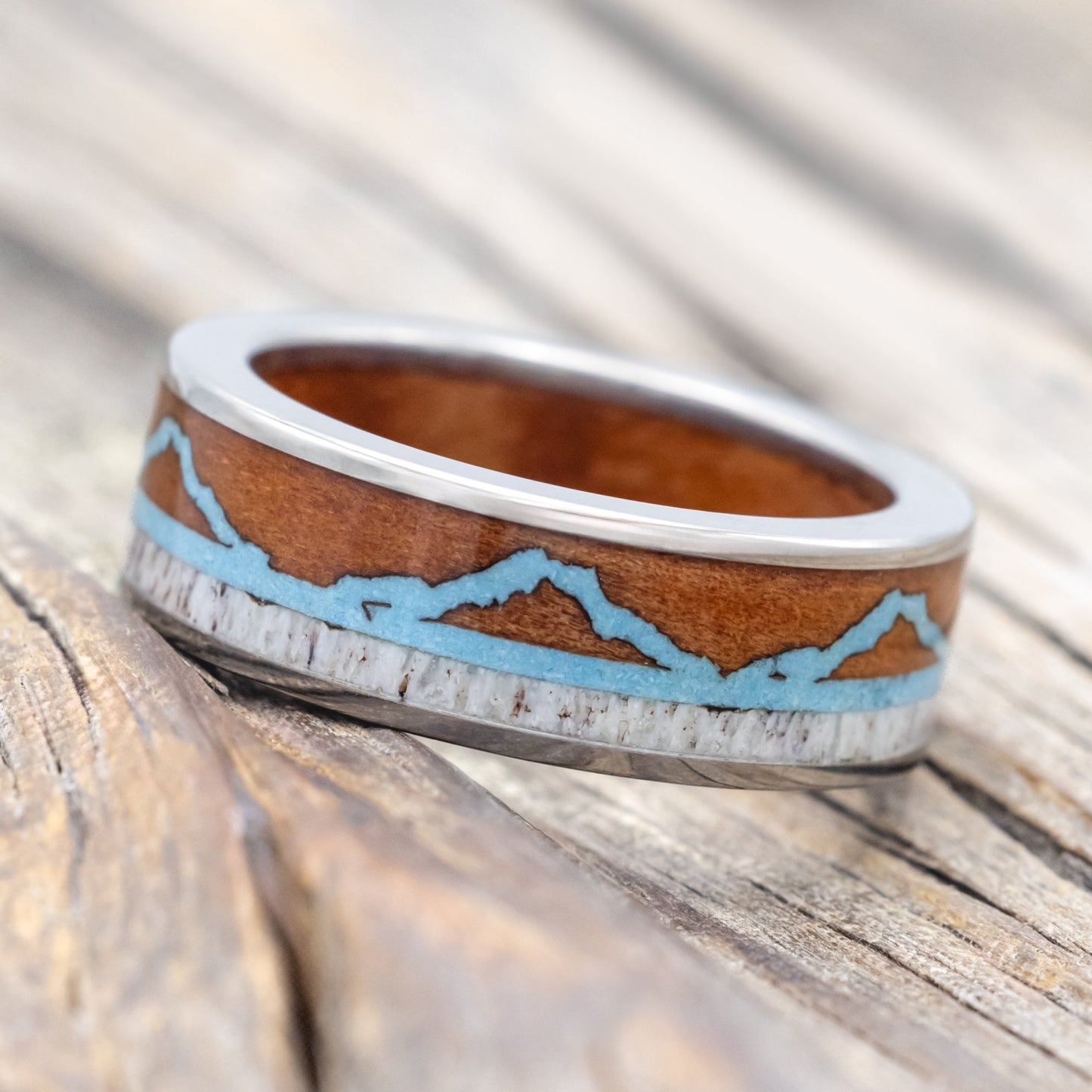 "The Expedition" - Mountain Engraved Wedding Ring With Redwood, Turquoise & Antler - Titanium - Size 9 3/4