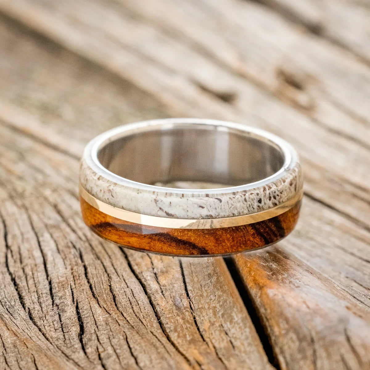 "Golden" - Ironwood, Antler & 14K Gold Inlay Wedding Band - Titanium (8mm) - Size 12