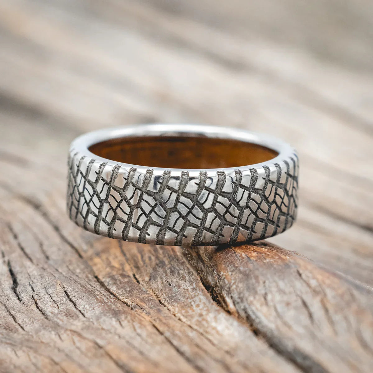 "Parcel" - Custom Embossed Tire Tread Wedding Ring With A Whiskey Barrel Lining - Titanium (8mm) - Size 9 1/2