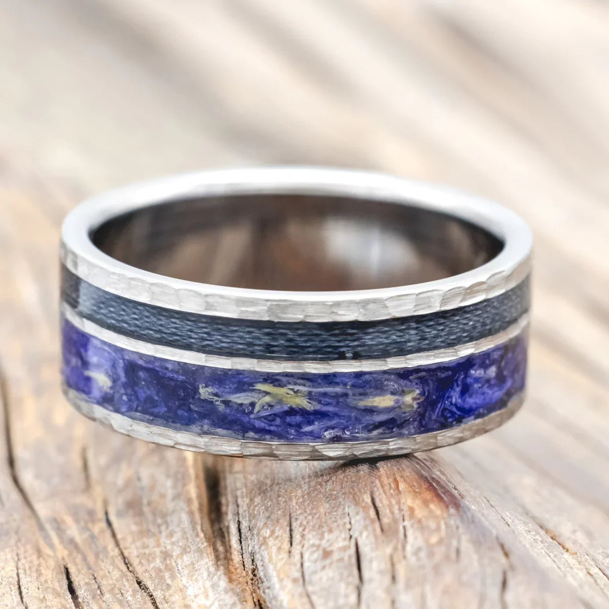 "Raptor" - Bluebell Petals & Grey Fishing Line Inlay Wedding Ring Featuring a Hammered Finish - Titanium (8mm) - Size 10