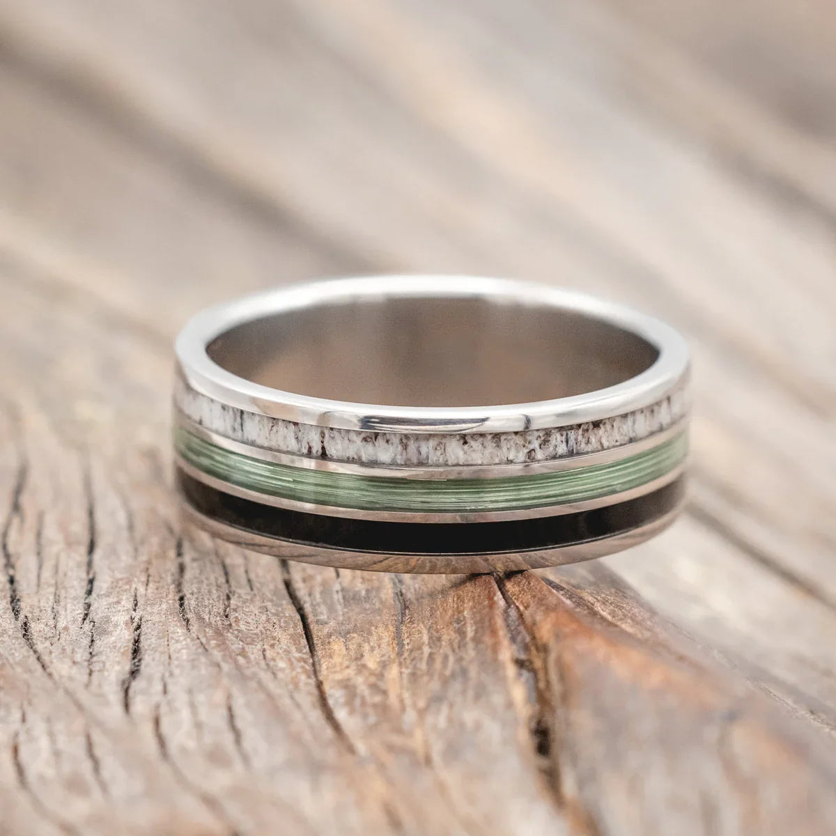 "Rio" - Antler, Green Mono Fishing Line, And Whiskey Barrel Oak Wedding Band - Titanium (8mm) - Size 12