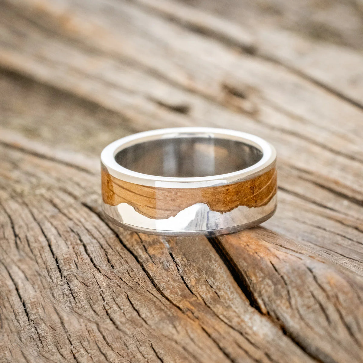 "Helios" - Whiskey Barrel Oak & Silver Teton Mountain Range Wedding Band - Titanium - Size 8 1/2
