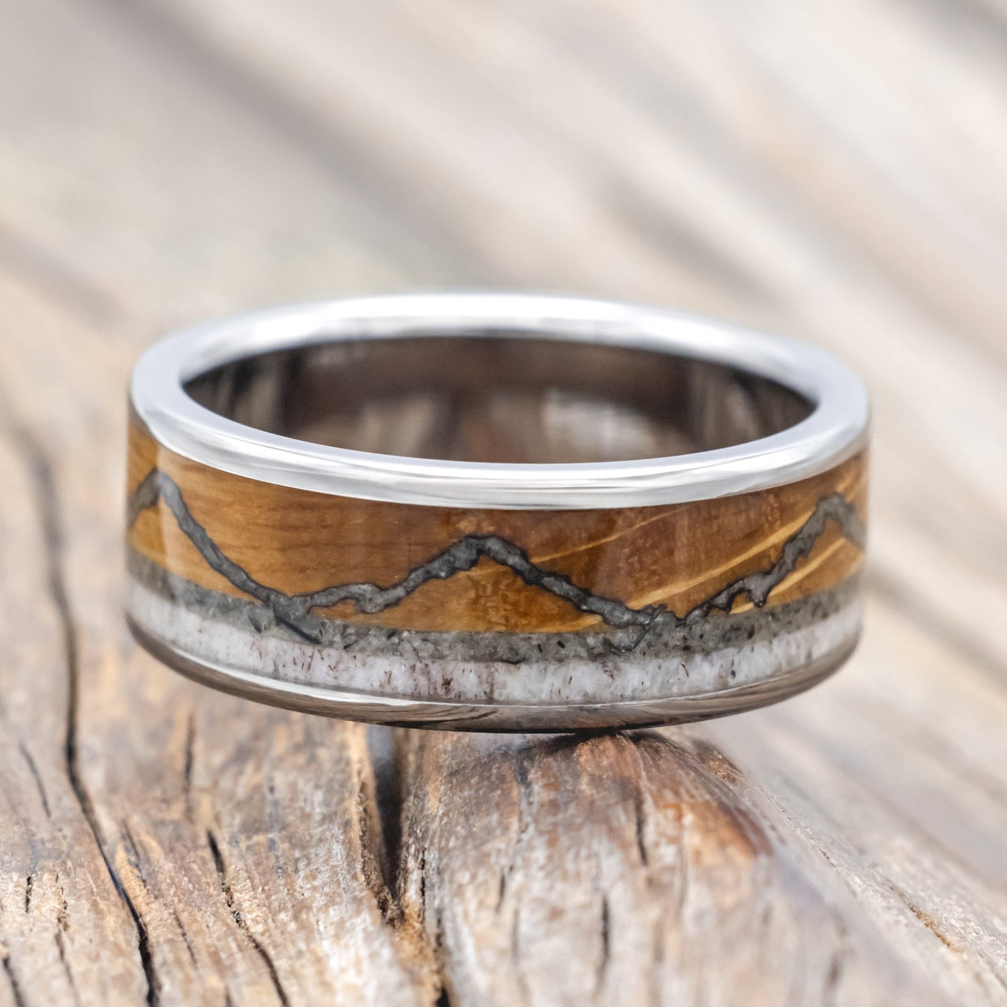"The Expedition" - Mountain Engraved Wedding Ring With Whiskey Barrel Oak, Moonstone & Antler - Titanium (8mm) - Size 9