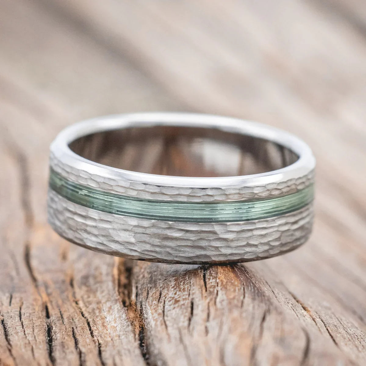 "Vertigo" - Fishing Line Inlay Wedding Band Featuring a Hammered Finish - Titanium (8mm) - Size 11 1/4