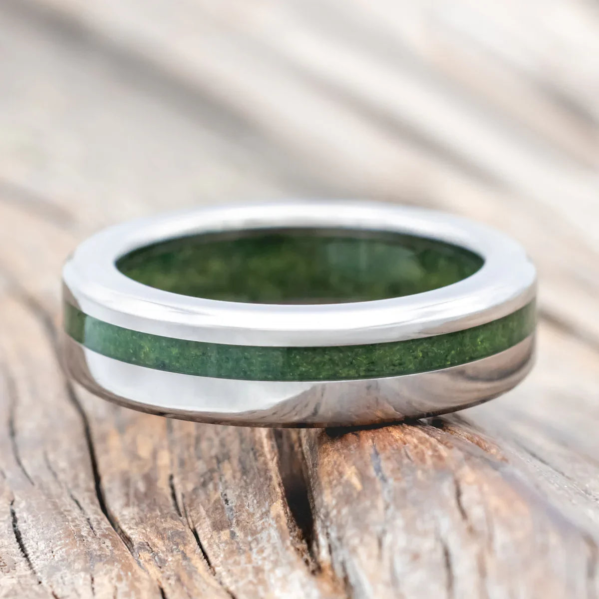 "Vertigo" - Moss Inlay & Lining Wedding Ring - Titanium (6mm) - Size 10