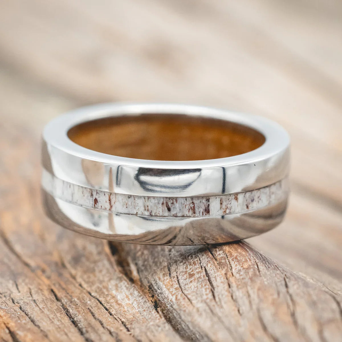 "Nirvana" - Antler Wedding Ring Featuring A Whiskey Barrel Lined Band - Titanium (8mm) - Size 10