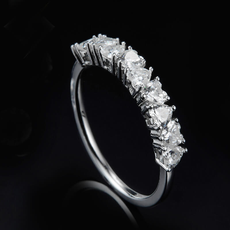 Ten Stone Heart Moissanite Half Eternity Wedding Band Ring In Sterling Silver