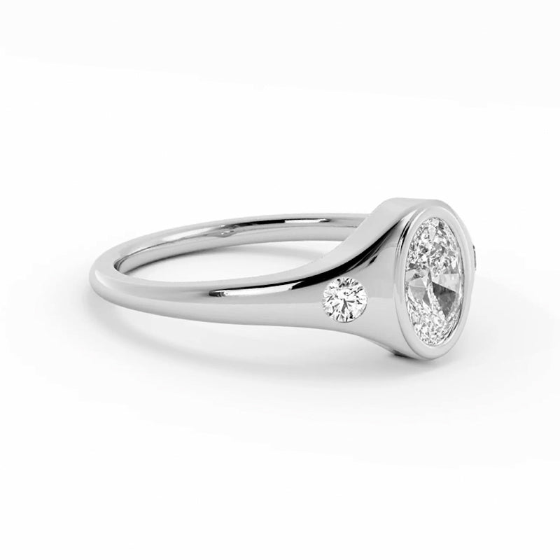 Three Stone Bezel Oval Moissanite Signet Engagement Ring
