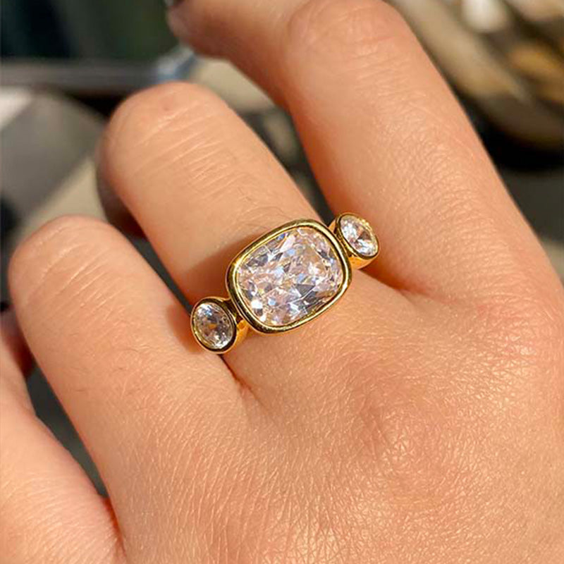 Three Stone Elongated Cushion Cut Moissanite Bezel Set Engagement Ring