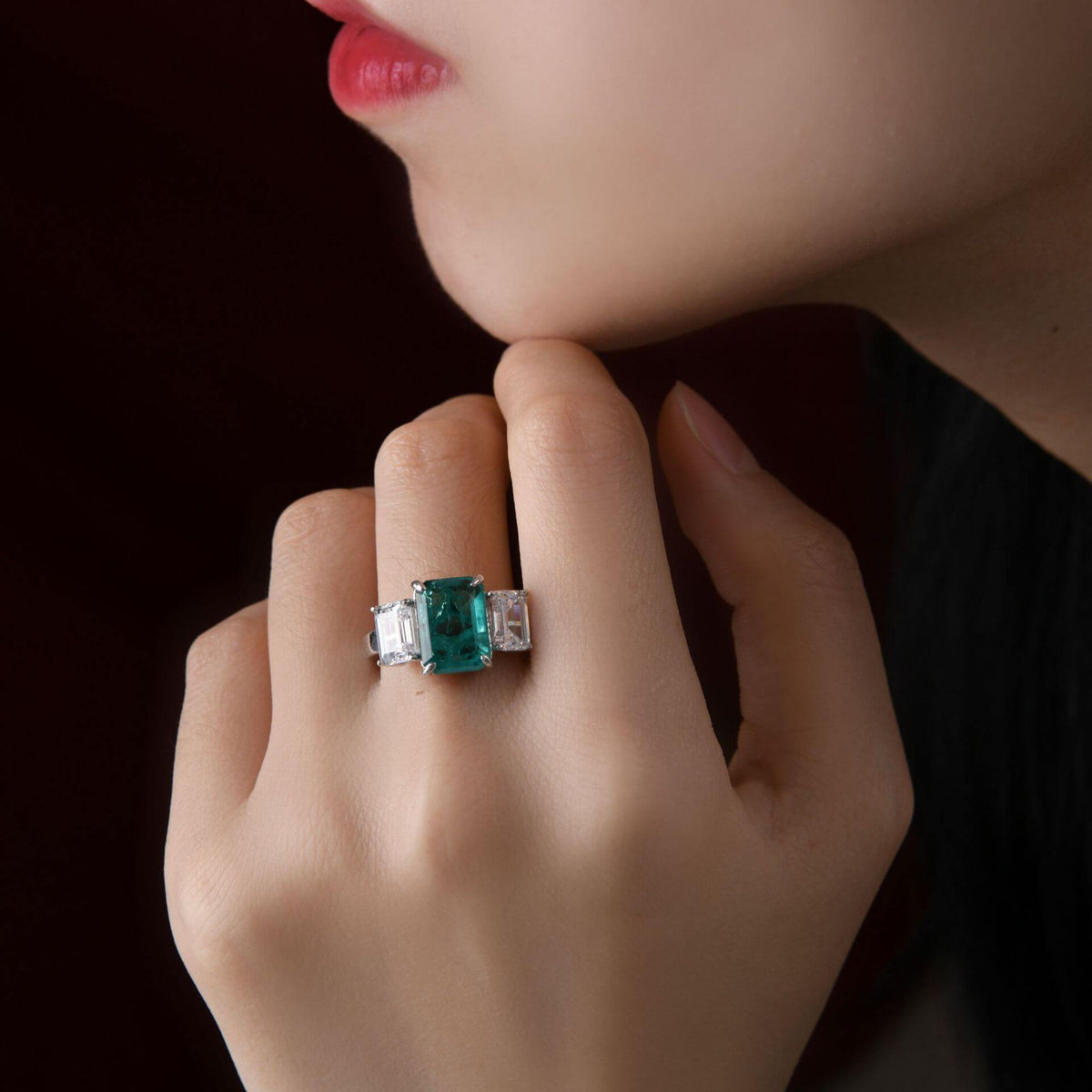 Three Stone Emerald-Cut Paraiba And Sapphire Sterling Silver Ring