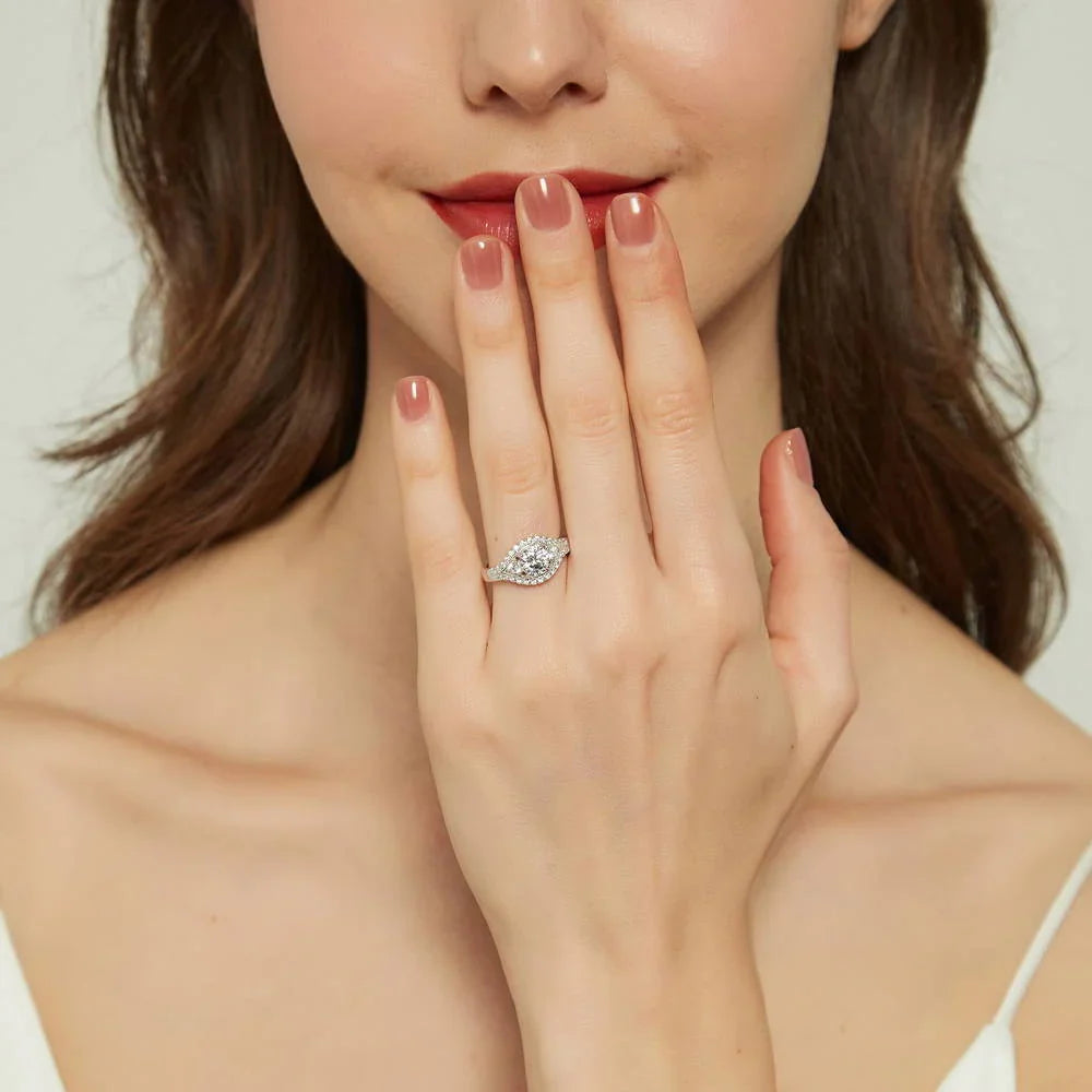 Three Stone Halo Round Moissanite Bypass Engagement Ring