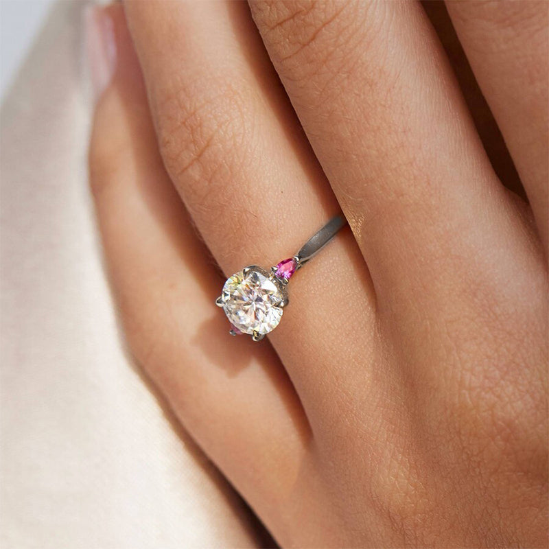 Three Stone Moissanite And Pear Ruby Engagement Ring