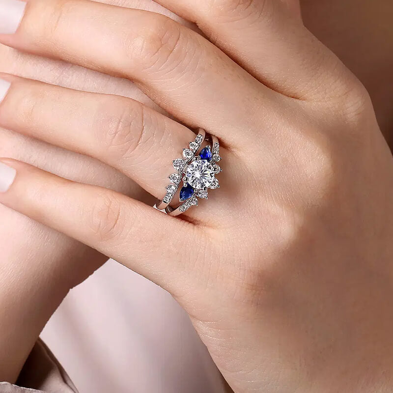 Three Stone Moissanite And Sapphire Enhanced Split Shank Engagement Ring