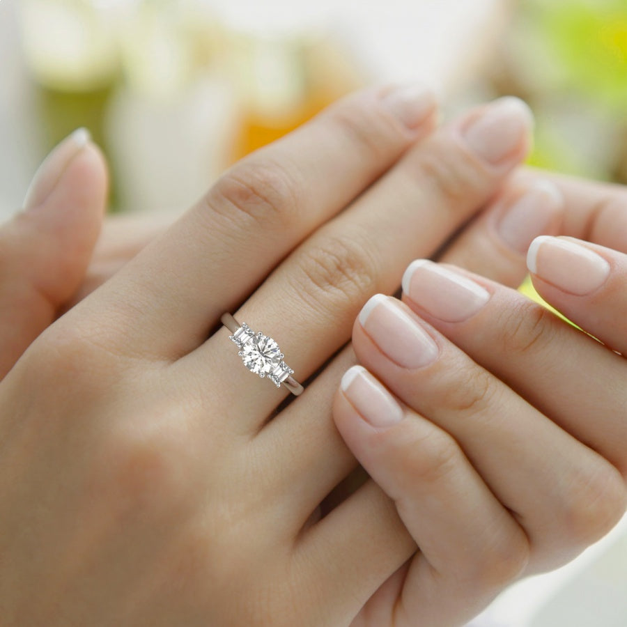 Three Stone Moissanite With Emerald-Cut Sapphire Engagement Ring