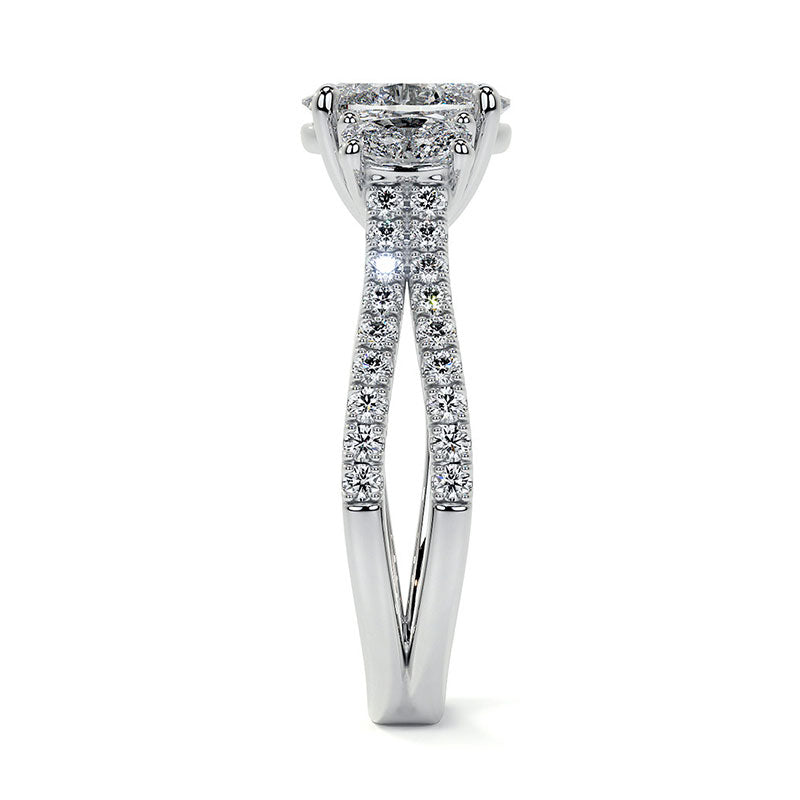 Three Stone Oval Moissanite Criss-Cross Pave Engagement Ring