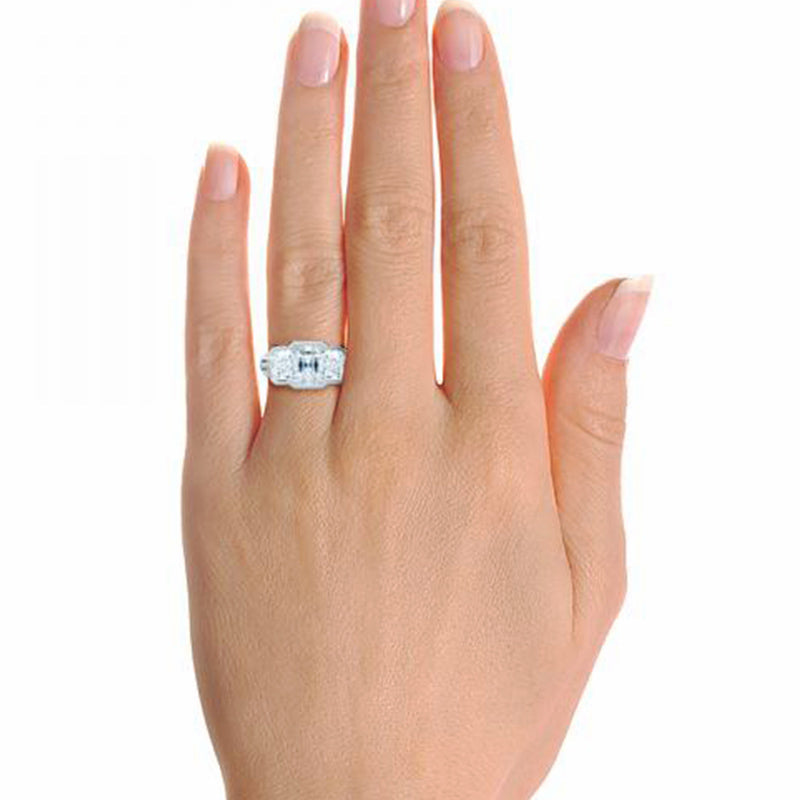 Three Stone Radiant Moissanite Staircase Channel Set Euro Engagement Ring
