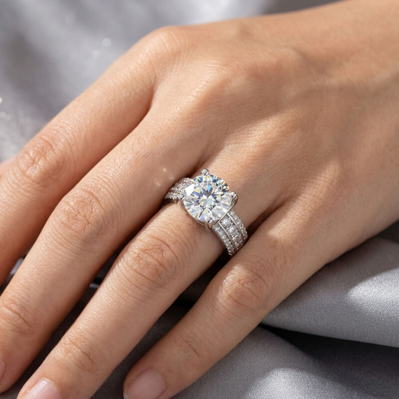 Triple-Row Pave Wide Shank Round Moissanite Engagement Ring