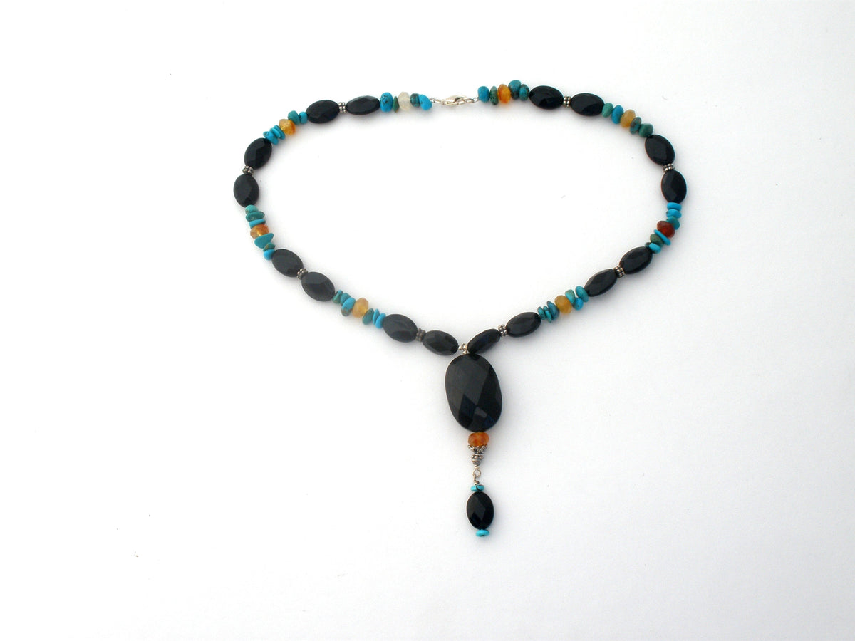 Turquoise Black Onyx & Carnelian Necklace 16"