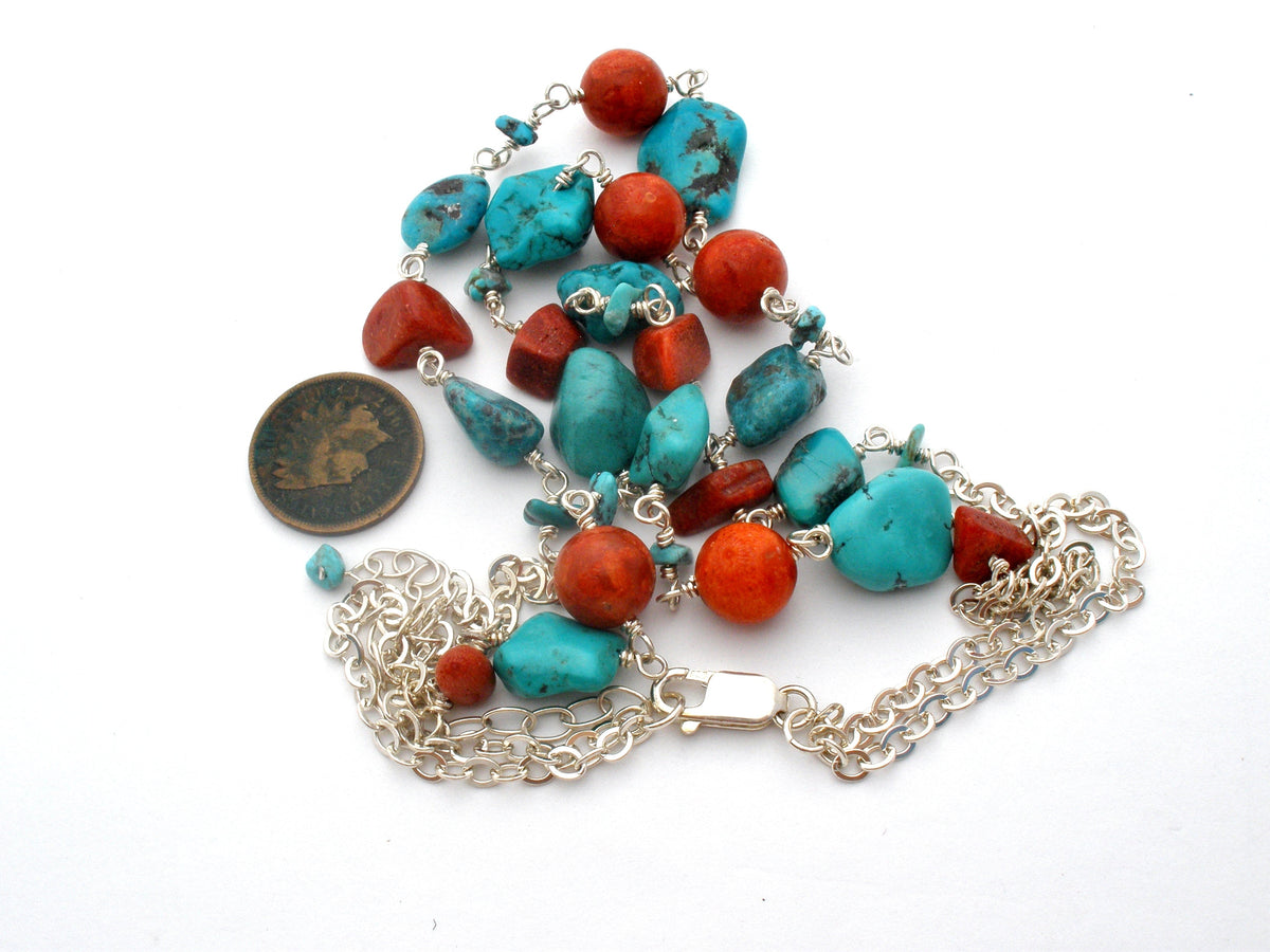 Turquoise & Coral Nugget Bead Necklace Sterling Silver