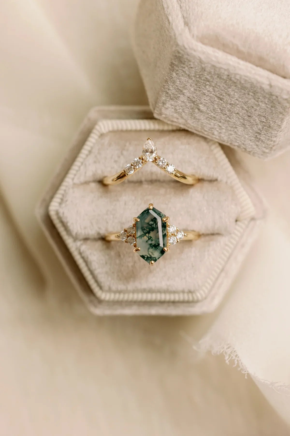 "Octavia" - Elongated Hexagon Cut Moss Agate Engagement Ring With Diamond Accents - 14K Rose Gold - Size 7 1/4