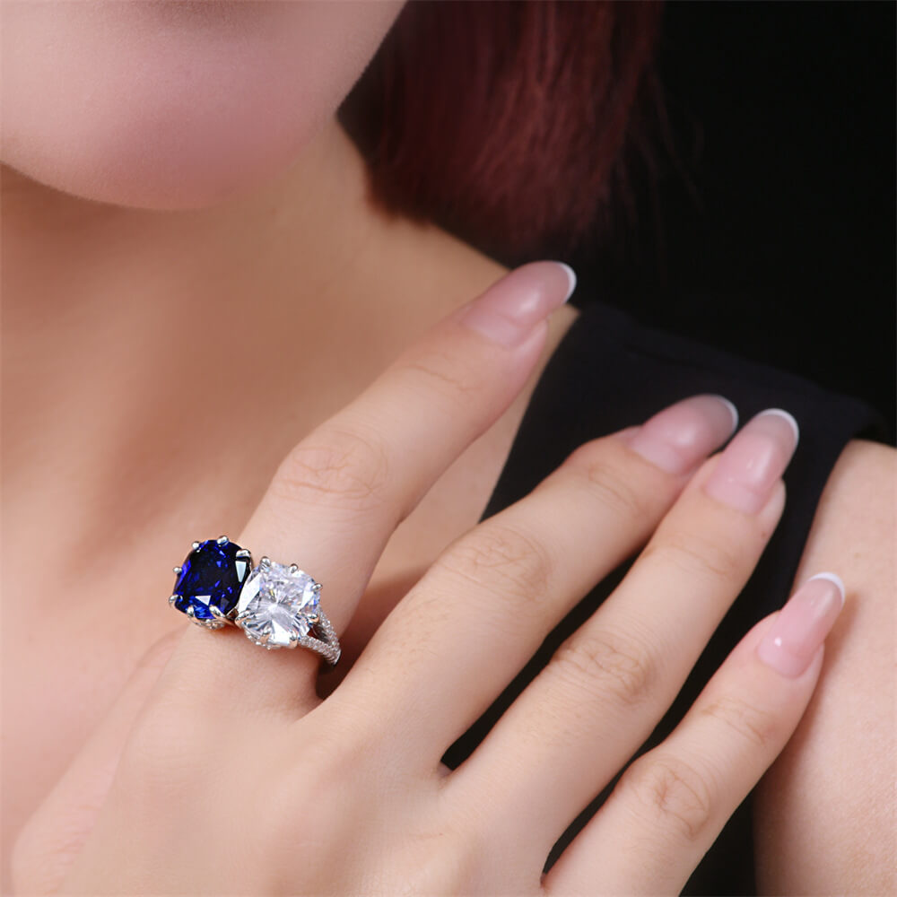 Two Stone Cushion Cut Lab-Created Sapphire Sterling Silver Ring
