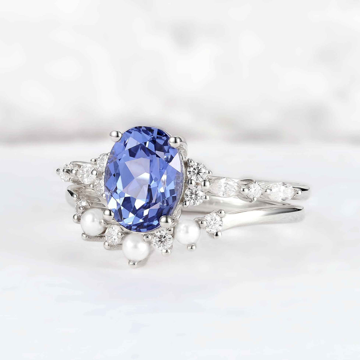 Cluster Oval Cut Cornflower Sapphire Gemstone Silver Ring set 2pcs