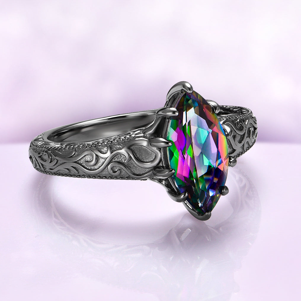 Victorian Gothic Mystic Topaz Filigree Engagement Ring in Black Ruthenium