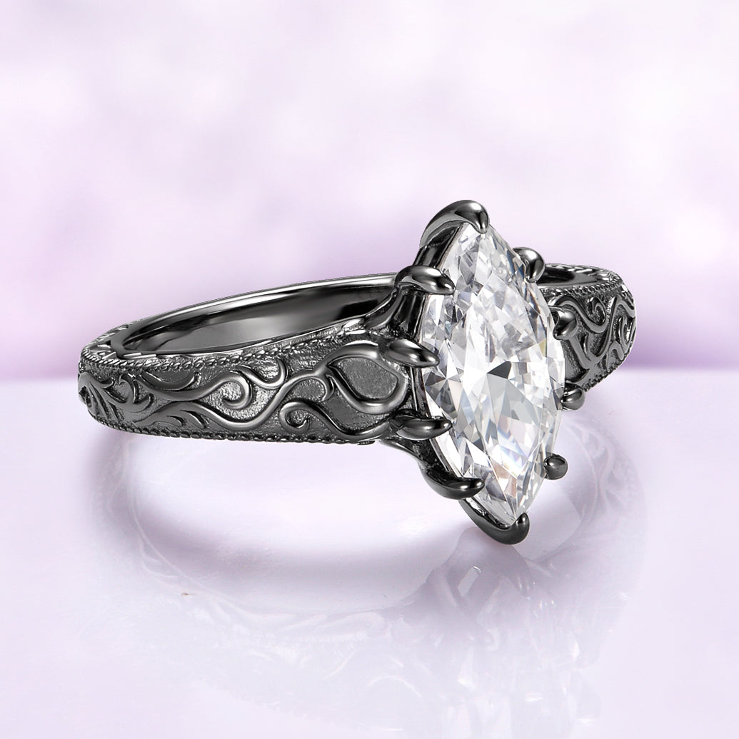 Victorian Gothic Moissanite Filigree Engagement Ring in Black Ruthenium