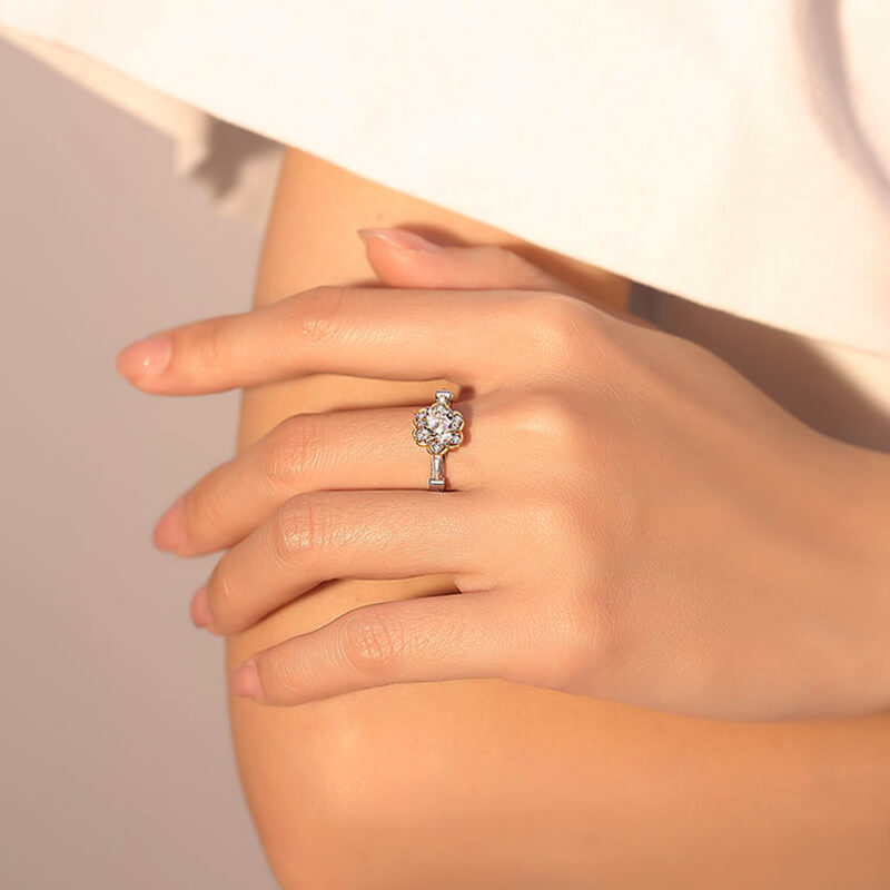 Vintage Round Moissanite Two Tone Flower Engagement Ring