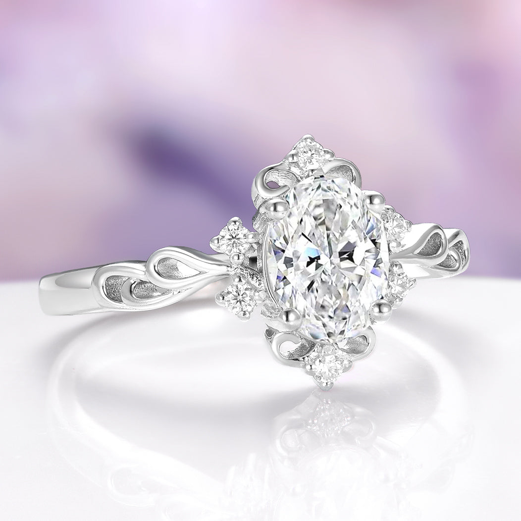 Vintage Oval Moissanite Engagement Ring in 14K White Gold