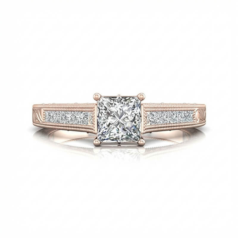 Vintage Princess Cut Moissanite Milgrain Gold Engagement Ring