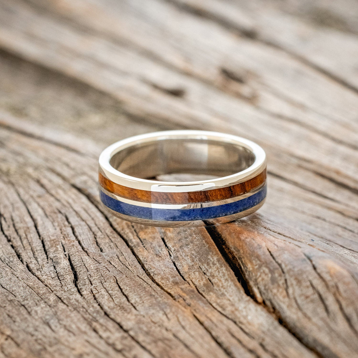 "Raptor" - Lapis & Redwood Wedding Band - 14K White Gold (6mm) - Size 11