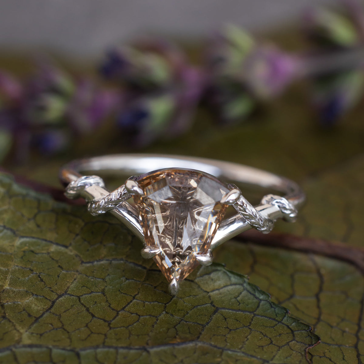 One-Of-A-Kind - "Dragonfly" - Engagement Ring With Shield Cut Champagne Diamond & Custom Vine Filigree