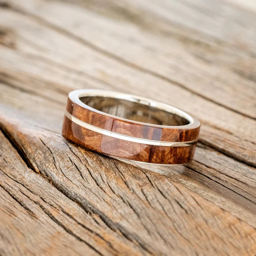 "Golden" - Redwood & 14K White Gold Inlay Wedding Band - 14K White Gold (8mm) - Size 9