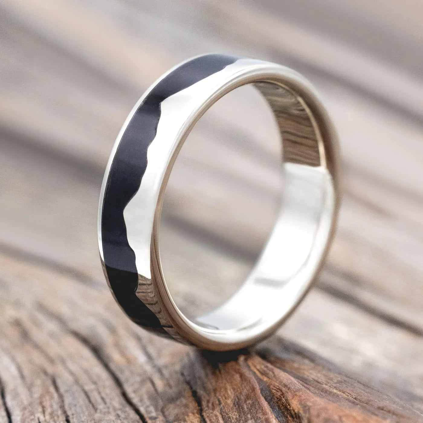 "Helios" - Mountain Range Wedding Band With Jet Stone Inlay - 14K White Gold (6mm) - Size 10